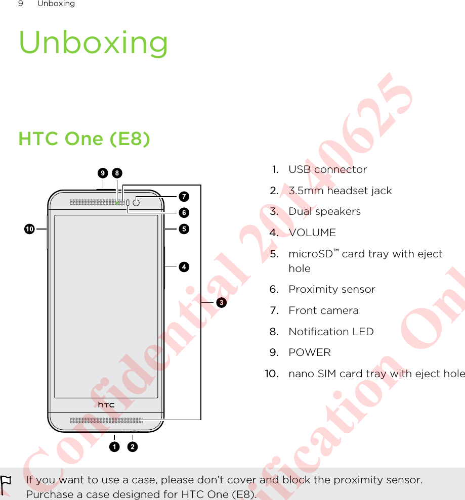 UnboxingHTC One (E8)1. USB connector2. 3.5mm headset jack3. Dual speakers4. VOLUME5. microSD™ card tray with ejecthole6. Proximity sensor7. Front camera8. Notification LED9. POWER10. nano SIM card tray with eject holeIf you want to use a case, please don’t cover and block the proximity sensor.Purchase a case designed for HTC One (E8).9 UnboxingHTC Confidential 20140625  For Certification Only