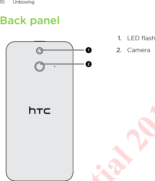 Back panel1. LED flash2. Camera10 UnboxingHTC Confidential 20140625  For Certification Only