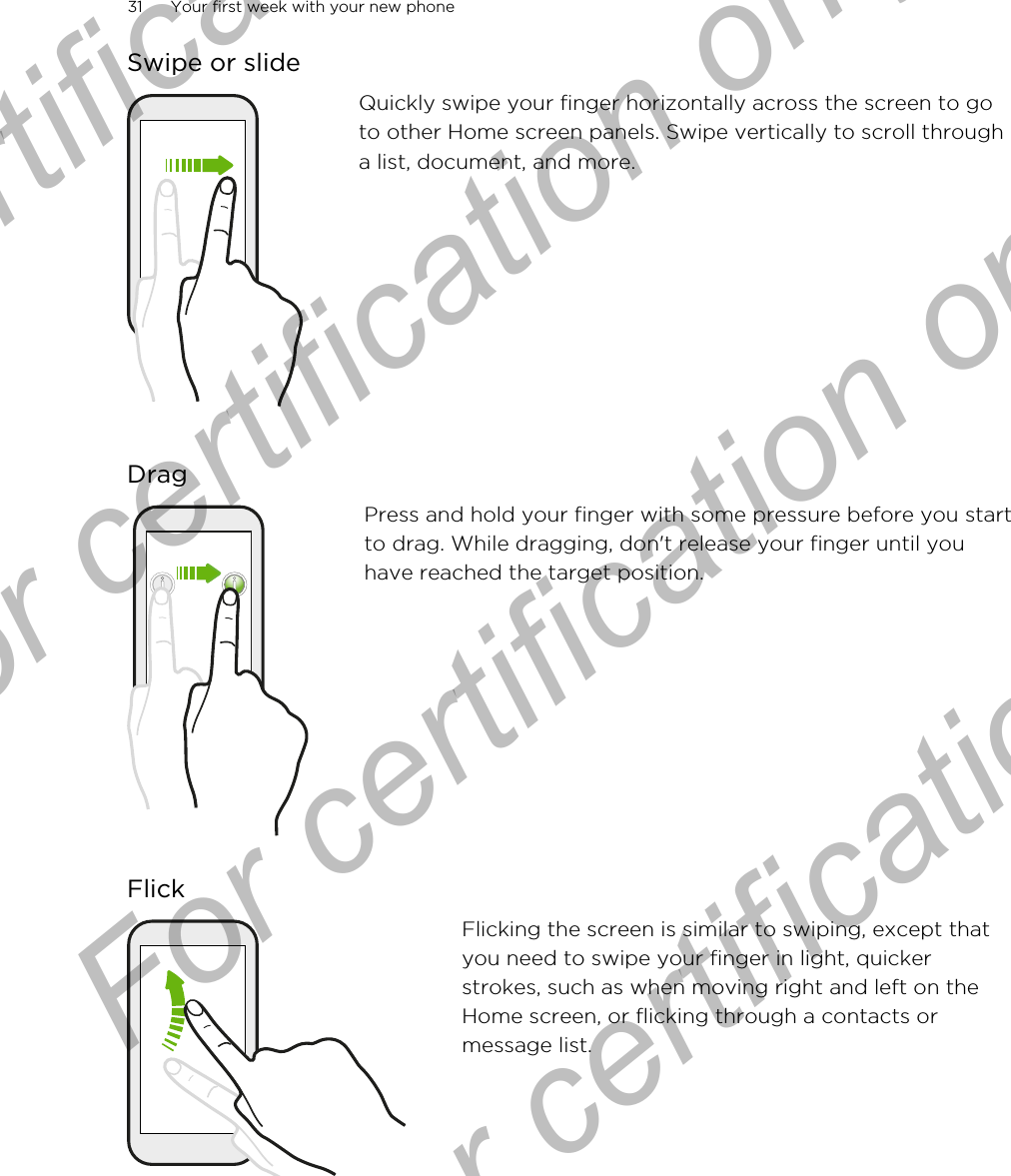 Swipe or slideQuickly swipe your finger horizontally across the screen to goto other Home screen panels. Swipe vertically to scroll througha list, document, and more.DragPress and hold your finger with some pressure before you startto drag. While dragging, don&apos;t release your finger until youhave reached the target position.FlickFlicking the screen is similar to swiping, except thatyou need to swipe your finger in light, quickerstrokes, such as when moving right and left on theHome screen, or flicking through a contacts ormessage list.31 Your first week with your new phoneFor certification  For certification only  For certification only  For certification only 