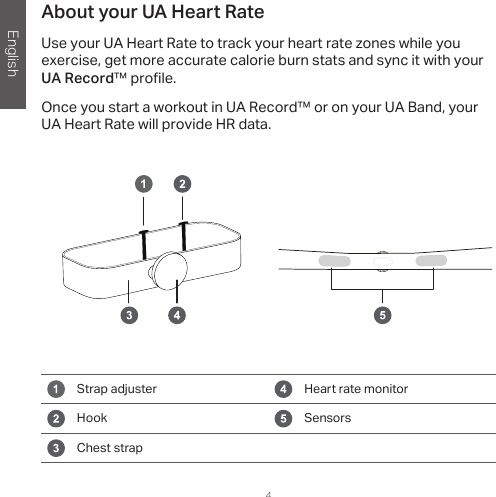English4About your UA Heart RateUse your UA Heart Rate to track your heart rate zones while you exercise, get more accurate calorie burn stats and sync it with your UA Record™ prole. Once you start a workout in UA Record™ or on your UA Band, your UA Heart Rate will provide HR data.  Strap adjuster Heart rate monitorHook SensorsChest strap