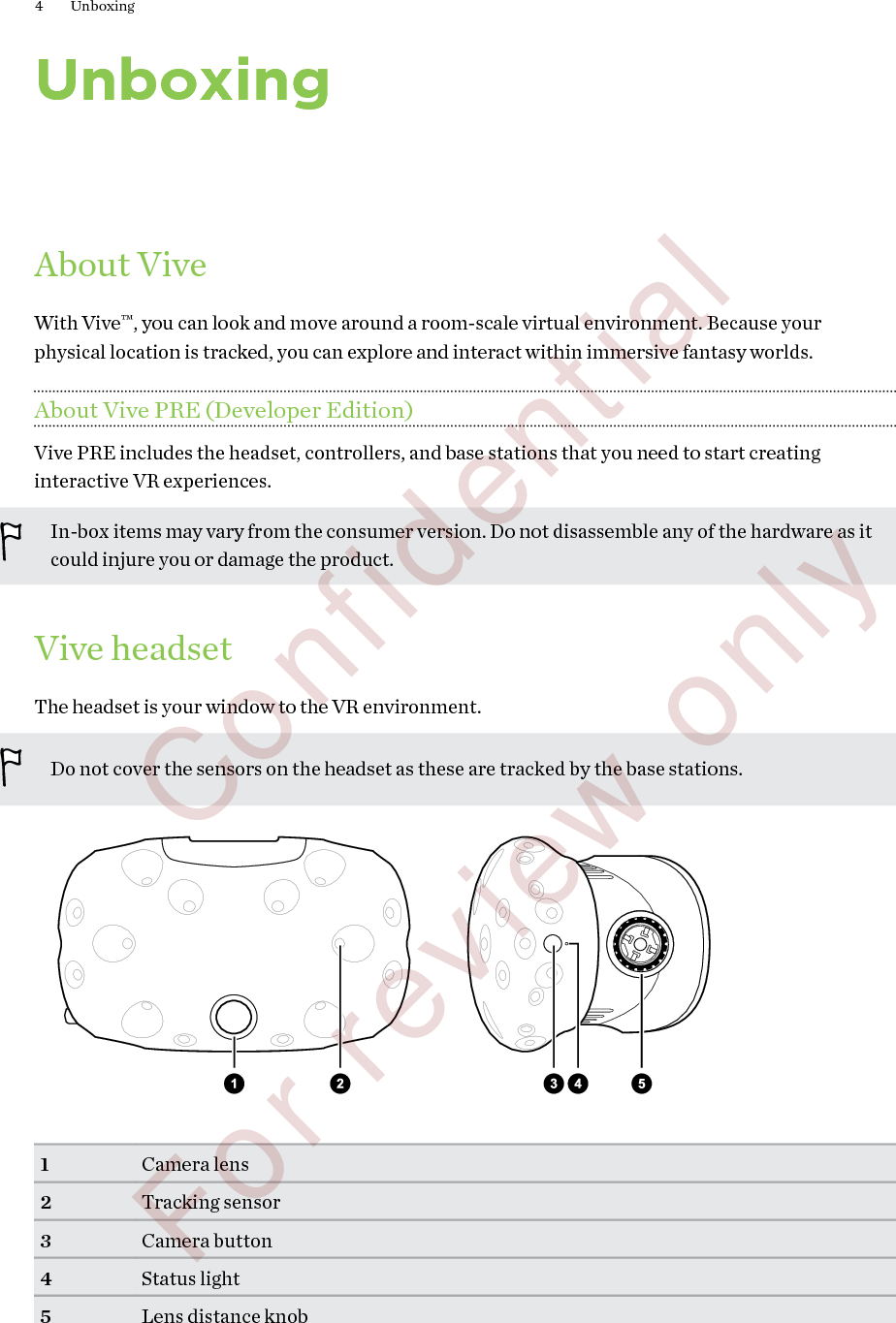 UnboxingAbout ViveWith Vive™, you can look and move around a room-scale virtual environment. Because yourphysical location is tracked, you can explore and interact within immersive fantasy worlds.About Vive PRE (Developer Edition)Vive PRE includes the headset, controllers, and base stations that you need to start creatinginteractive VR experiences.In-box items may vary from the consumer version. Do not disassemble any of the hardware as itcould injure you or damage the product.Vive headsetThe headset is your window to the VR environment.Do not cover the sensors on the headset as these are tracked by the base stations.1Camera lens2Tracking sensor3Camera button4Status light5Lens distance knob4 Unboxing        Confidential  For review only