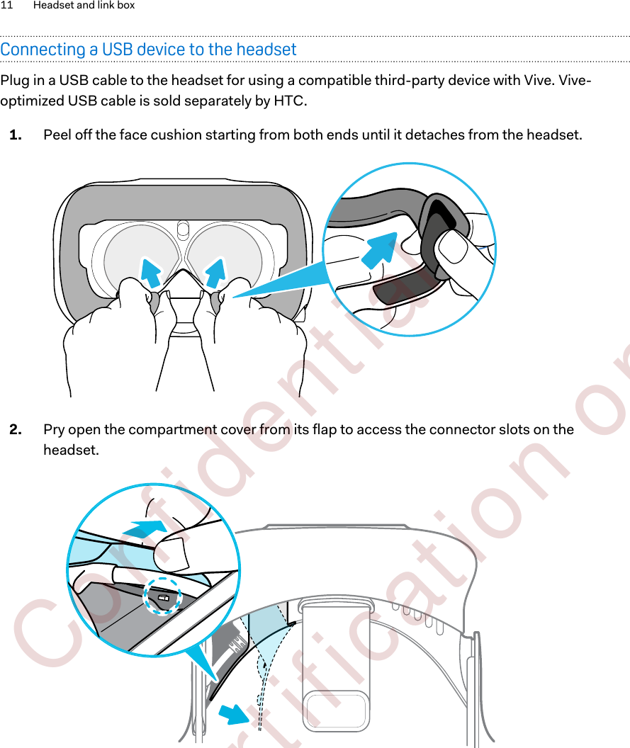 Connecting a USB device to the headsetPlug in a USB cable to the headset for using a compatible third-party device with Vive. Vive-optimized USB cable is sold separately by HTC.1. Peel off the face cushion starting from both ends until it detaches from the headset. 2. Pry open the compartment cover from its flap to access the connector slots on theheadset. 11 Headset and link box        Confident ial  For cert ificat ion only