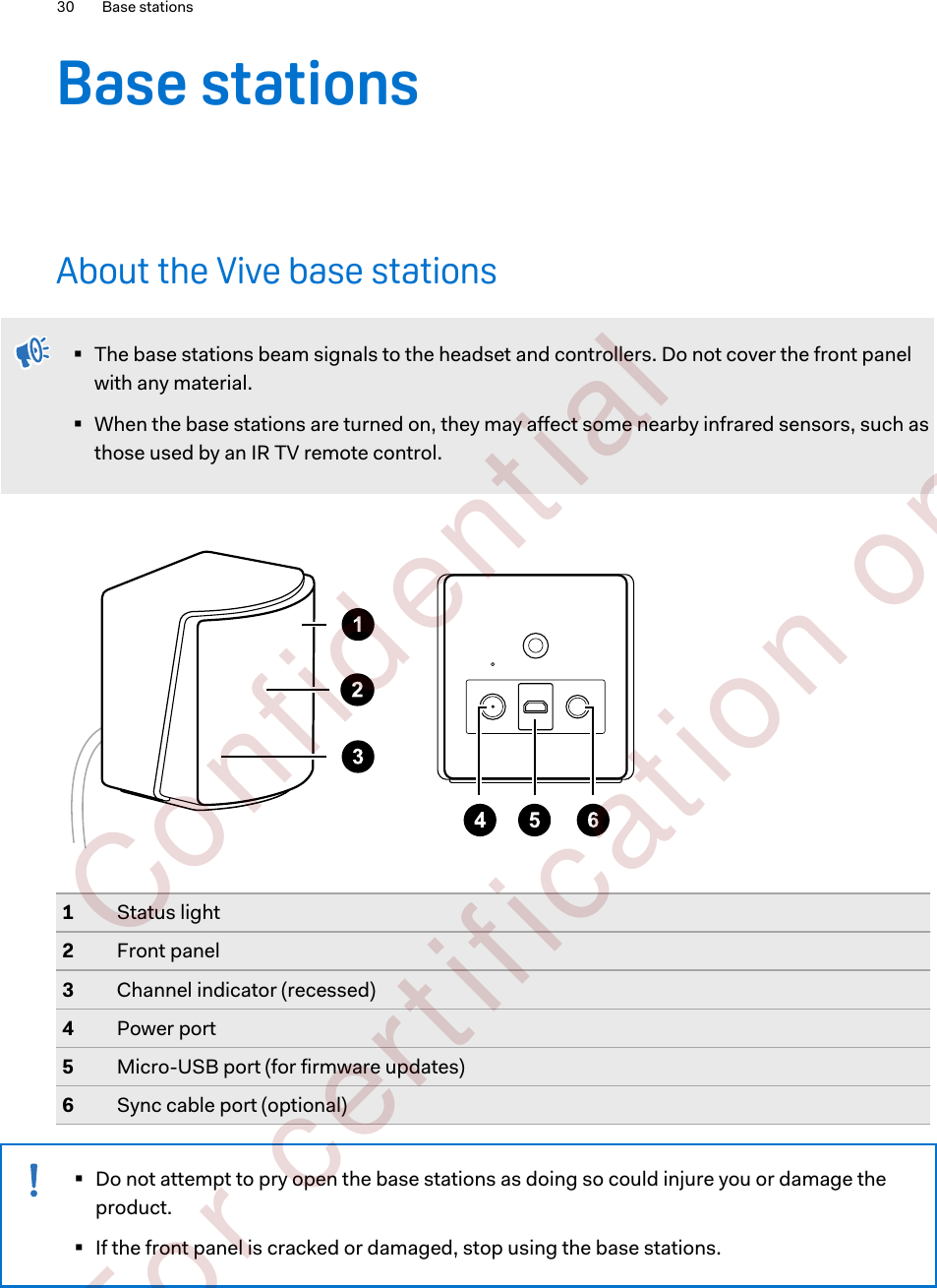 Base stationsAbout the Vive base stations§The base stations beam signals to the headset and controllers. Do not cover the front panelwith any material.§When the base stations are turned on, they may affect some nearby infrared sensors, such asthose used by an IR TV remote control.1Status light2Front panel3Channel indicator (recessed)4Power port5Micro-USB port (for firmware updates)6Sync cable port (optional)§Do not attempt to pry open the base stations as doing so could injure you or damage theproduct.§If the front panel is cracked or damaged, stop using the base stations.30 Base stations        Confident ial  For cert ificat ion only