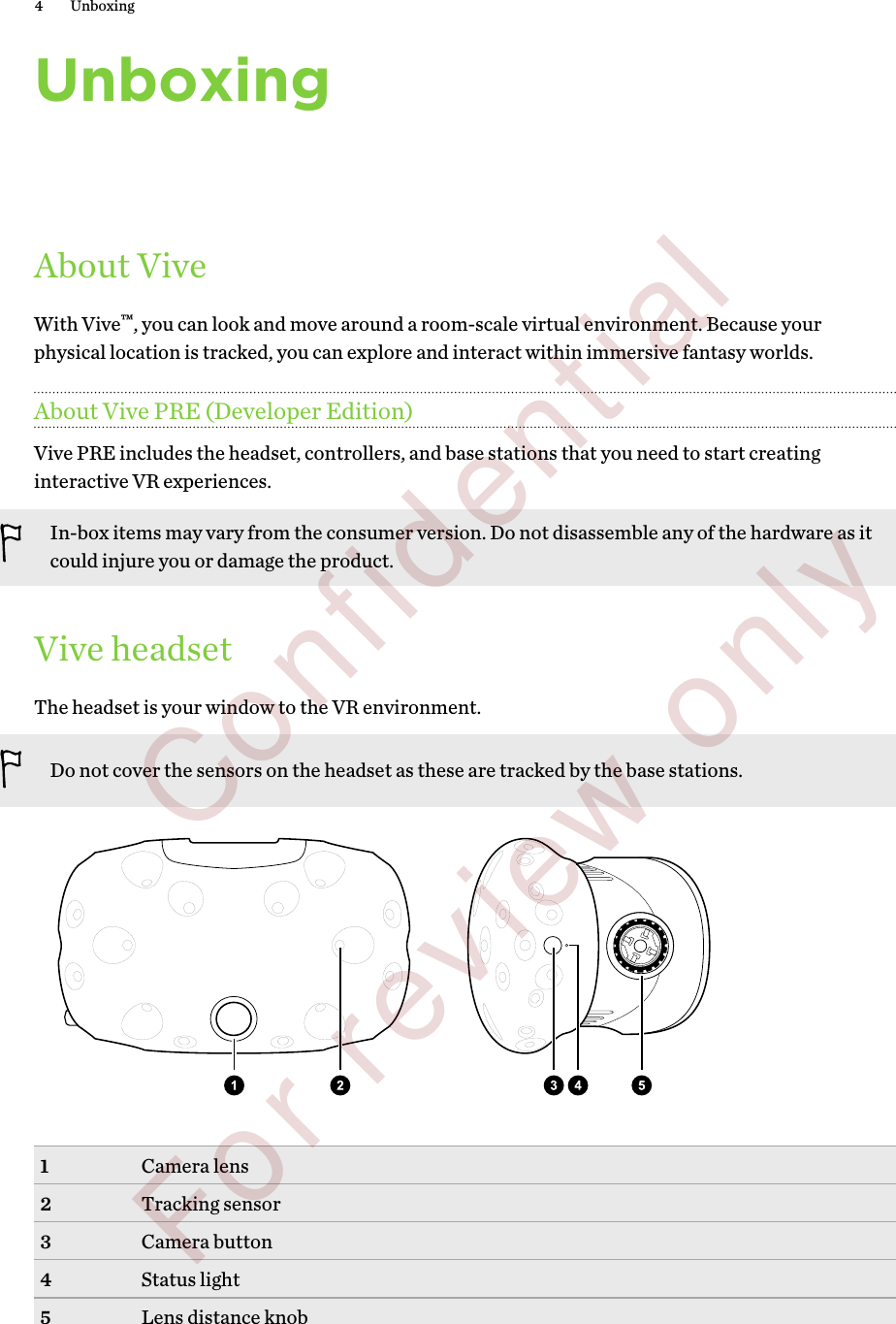 UnboxingAbout ViveWith Vive™, you can look and move around a room-scale virtual environment. Because yourphysical location is tracked, you can explore and interact within immersive fantasy worlds.About Vive PRE (Developer Edition)Vive PRE includes the headset, controllers, and base stations that you need to start creatinginteractive VR experiences.In-box items may vary from the consumer version. Do not disassemble any of the hardware as itcould injure you or damage the product.Vive headsetThe headset is your window to the VR environment.Do not cover the sensors on the headset as these are tracked by the base stations.1Camera lens2Tracking sensor3Camera button4Status light5Lens distance knob4 Unboxing        Confidential  For review only