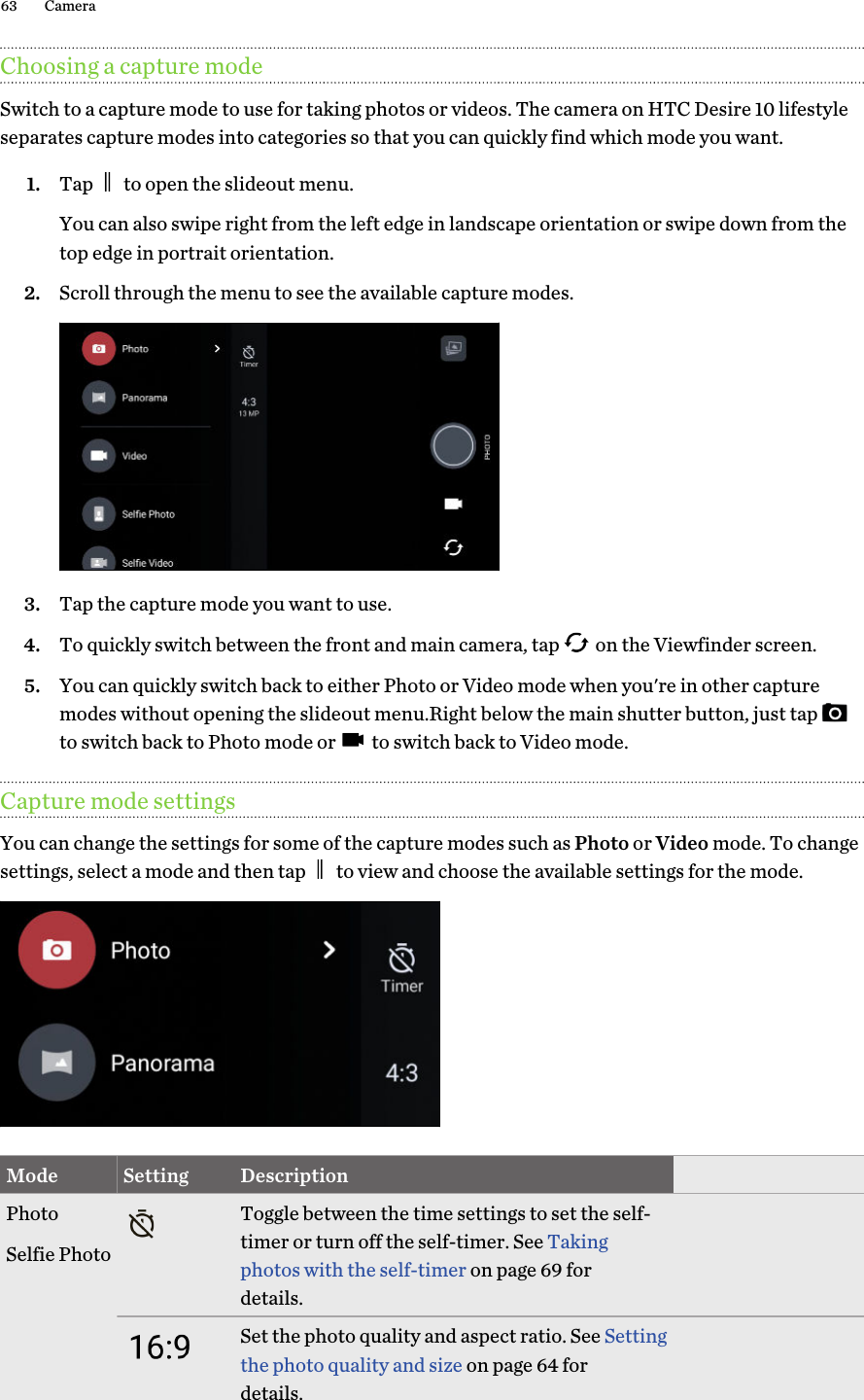 Choosing a capture modeSwitch to a capture mode to use for taking photos or videos. The camera on HTC Desire 10 lifestyleseparates capture modes into categories so that you can quickly find which mode you want.1. Tap   to open the slideout menu.You can also swipe right from the left edge in landscape orientation or swipe down from the top edge in portrait orientation.2. Scroll through the menu to see the available capture modes.3. Tap the capture mode you want to use.4. To quickly switch between the front and main camera, tap   on the Viewfinder screen.5. You can quickly switch back to either Photo or Video mode when you&apos;re in other capture modes without opening the slideout menu.Right below the main shutter button, just tap to switch back to Photo mode or   to switch back to Video mode. Capture mode settingsYou can change the settings for some of the capture modes such as Photo or Video mode. To change settings, select a mode and then tap   to view and choose the available settings for the mode.Mode Setting DescriptionPhotoSelfie PhotoToggle between the time settings to set the self-timer or turn off the self-timer. See Taking photos with the self-timer on page 69 for details.Set the photo quality and aspect ratio. See Setting the photo quality and size on page 64 for details.63 Camera