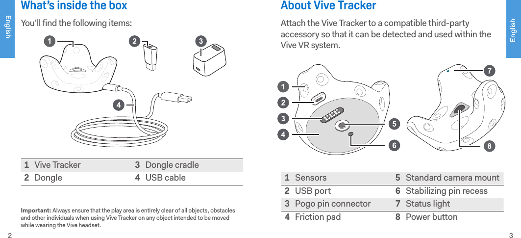 EnglishEnglish2 3About Vive TrackerAttach the Vive Tracker to a compatible third-party accessory so that it can be detected and used within the Vive VR system. 1Sensors 5Standard camera mount2USB port 6Stabilizing pin recess3Pogo pin connector 7Status light4Friction pad 8Power button What’s inside the boxYou’ll find the following items:1Vive Tracker 3Dongle cradle2Dongle 4USB cable Important: Always ensure that the play area is entirely clear of all objects, obstacles and other individuals when using Vive Tracker on any object intended to be moved while wearing the Vive headset. 