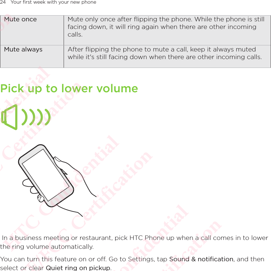 24 Your first week with your new phoneMute once Mute only once after ﬂipping the phone. While the phone is still facing down, it will ring again when there are other incoming calls. Mute always After ﬂipping the phone to mute a call, keep it always muted while it&apos;s still facing down when there are other incoming calls. Pick up to lower volume In a business meeting or restaurant, pick HTC Phone up when a call comes in to lower the ring volume automatically. You can turn this feature on or off. Go to Settings, tap Sound &amp; notification, and then select or clear Quiet ring on pickup. HTC Confidential  CE/FCC Certification  HTC Confidential  CE/FCC Certification  HTC Confidential  CE/FCC Certification  HTC Confidential  CE/FCC Certification  HTC Confidential  CE/FCC Certification  HTC Confidential  CE/FCC Certification 