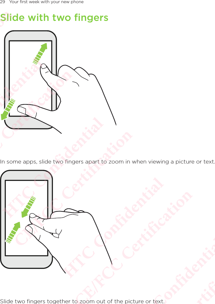29 Your first week with your new phoneSlide with two fingersIn some apps, slide two fingers apart to zoom in when viewing a picture or text. Slide two fingers together to zoom out of the picture or text. HTC Confidential  CE/FCC Certification  HTC Confidential  CE/FCC Certification  HTC Confidential  CE/FCC Certification  HTC Confidential  CE/FCC Certification  HTC Confidential  CE/FCC Certification  HTC Confidential  CE/FCC Certification 