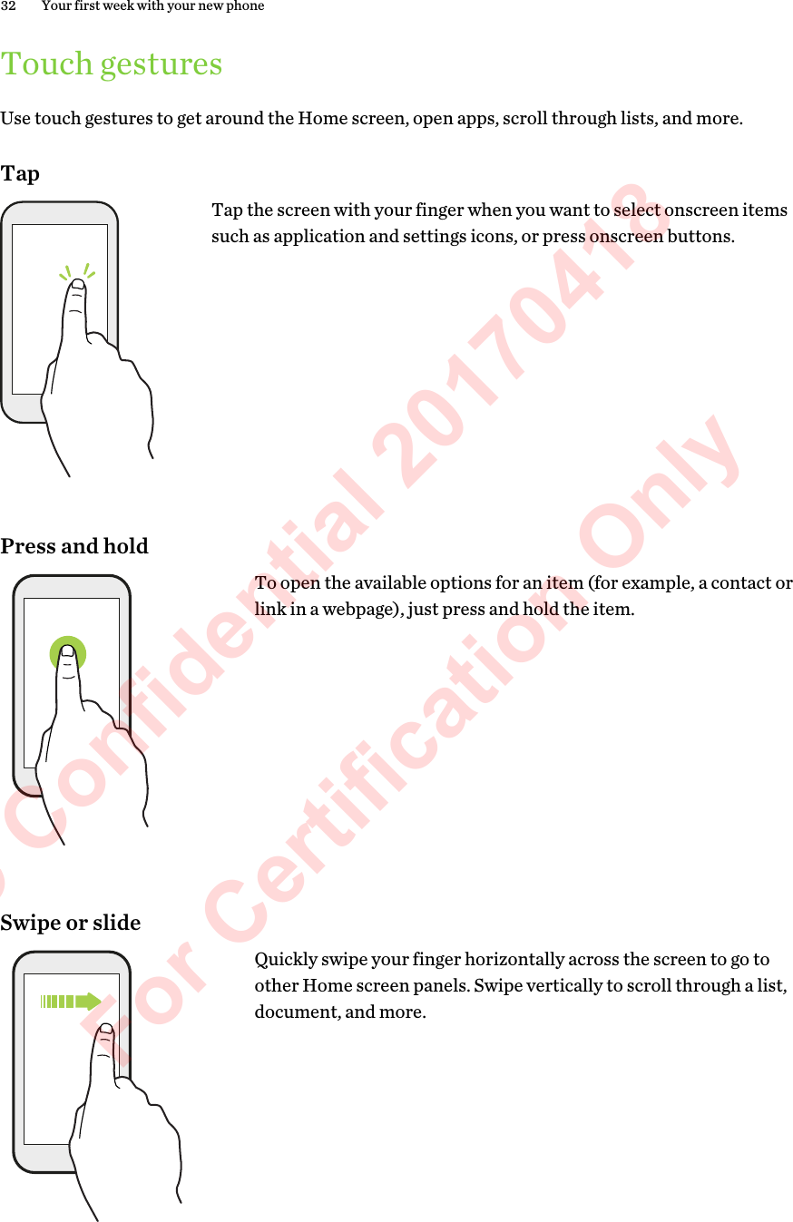 Touch gesturesUse touch gestures to get around the Home screen, open apps, scroll through lists, and more.TapTap the screen with your finger when you want to select onscreen itemssuch as application and settings icons, or press onscreen buttons.Press and holdTo open the available options for an item (for example, a contact orlink in a webpage), just press and hold the item.Swipe or slideQuickly swipe your finger horizontally across the screen to go toother Home screen panels. Swipe vertically to scroll through a list,document, and more.32 Your first week with your new phoneHTC Confidential 20170418  For Certification Only 