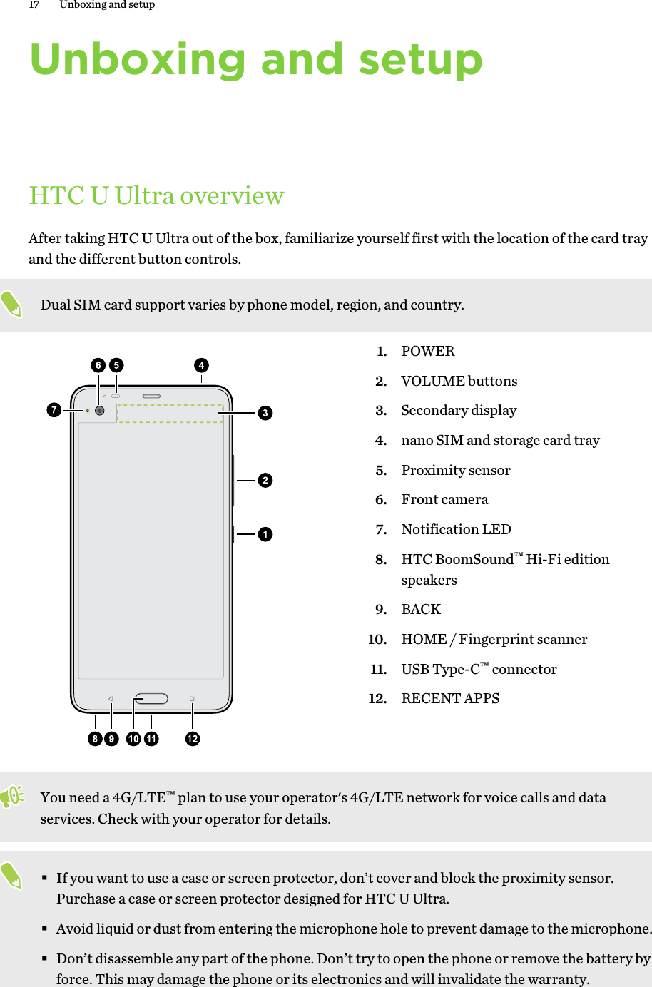 Unboxing and setupHTC U Ultra overviewAfter taking HTC U Ultra out of the box, familiarize yourself first with the location of the card trayand the different button controls.Dual SIM card support varies by phone model, region, and country.1. POWER2. VOLUME buttons3. Secondary display4. nano SIM and storage card tray5. Proximity sensor6. Front camera7. Notification LED8. HTC BoomSound™ Hi-Fi editionspeakers9. BACK10. HOME / Fingerprint scanner11. USB Type-C™ connector12. RECENT APPSYou need a 4G/LTE™ plan to use your operator&apos;s 4G/LTE network for voice calls and dataservices. Check with your operator for details.§If you want to use a case or screen protector, don’t cover and block the proximity sensor.Purchase a case or screen protector designed for HTC U Ultra.§Avoid liquid or dust from entering the microphone hole to prevent damage to the microphone.§Don’t disassemble any part of the phone. Don’t try to open the phone or remove the battery byforce. This may damage the phone or its electronics and will invalidate the warranty.17 Unboxing and setup