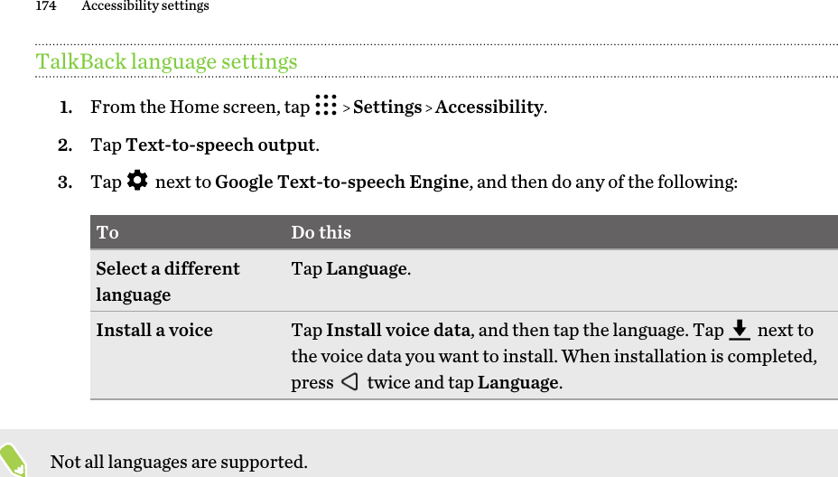 TalkBack language settings1. From the Home screen, tap     Settings   Accessibility.2. Tap Text-to-speech output.3. Tap   next to Google Text-to-speech Engine, and then do any of the following:To Do thisSelect a differentlanguage Tap Language.Install a voice Tap Install voice data, and then tap the language. Tap   next tothe voice data you want to install. When installation is completed,press   twice and tap Language.Not all languages are supported.174 Accessibility settings