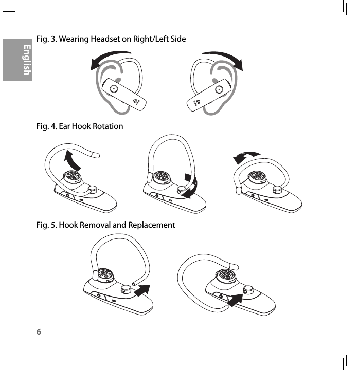 6EnglishFig. 3. Wearing Headset on Right/Left SideFig. 4. Ear Hook RotationFig. 5. Hook Removal and Replacement
