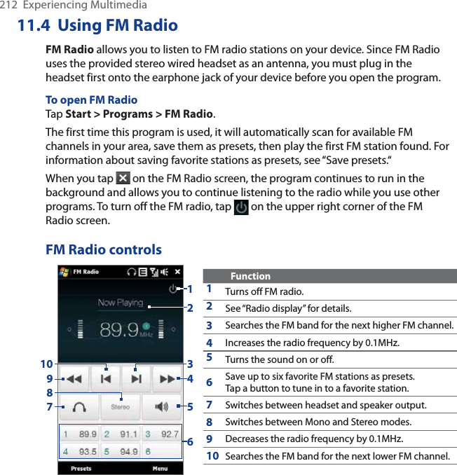 212  Experiencing Multimedia11.4  Using FM RadioFM Radio allows you to listen to FM radio stations on your device. Since FM Radio uses the provided stereo wired headset as an antenna, you must plug in the headset first onto the earphone jack of your device before you open the program. To open FM RadioTap Start &gt; Programs &gt; FM Radio.The first time this program is used, it will automatically scan for available FM channels in your area, save them as presets, then play the first FM station found. For information about saving favorite stations as presets, see “Save presets.“When you tap   on the FM Radio screen, the program continues to run in the background and allows you to continue listening to the radio while you use other programs. To turn off the FM radio, tap   on the upper right corner of the FM Radio screen.FM Radio controls19835247610Function1Turns off FM radio.2See “Radio display” for details.3Searches the FM band for the next higher FM channel.4Increases the radio frequency by 0.1MHz.5Turns the sound on or off.6Save up to six favorite FM stations as presets.Tap a button to tune in to a favorite station.7Switches between headset and speaker output.8Switches between Mono and Stereo modes. 9Decreases the radio frequency by 0.1MHz.10 Searches the FM band for the next lower FM channel.