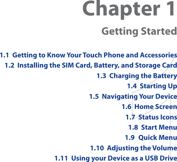 Chapter 1Getting Started1.1  Getting to Know Your Touch Phone and Accessories1.2  Installing the SIM Card, Battery, and Storage Card1.3  Charging the Battery1.4  Starting Up1.5  Navigating Your Device1.6  Home Screen1.7  Status Icons1.8  Start Menu1.9 Quick Menu1.10  Adjusting the Volume1.11  Using your Device as a USB Drive