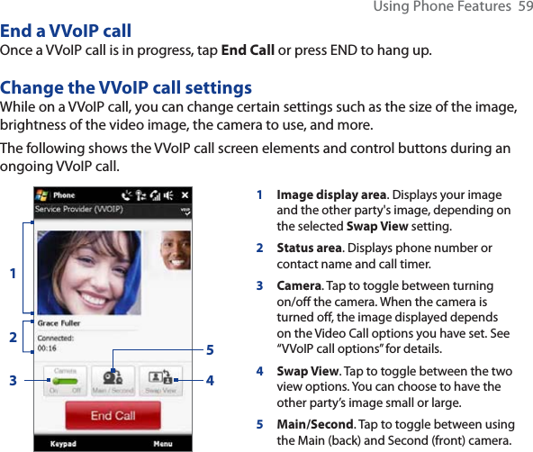 Using Phone Features  59End a VVoIP callOnce a VVoIP call is in progress, tap End Call or press END to hang up.Change the VVoIP call settingsWhile on a VVoIP call, you can change certain settings such as the size of the image, brightness of the video image, the camera to use, and more.The following shows the VVoIP call screen elements and control buttons during an ongoing VVoIP call.1Image display area. Displays your image and the other party&apos;s image, depending on the selected Swap View setting.2Status area. Displays phone number or contact name and call timer.3Camera. Tap to toggle between turning on/off the camera. When the camera is turned off, the image displayed depends on the Video Call options you have set. See “VVoIP call options” for details.4Swap View. Tap to toggle between the two view options. You can choose to have the other party’s image small or large.5Main/Second. Tap to toggle between using the Main (back) and Second (front) camera.35421