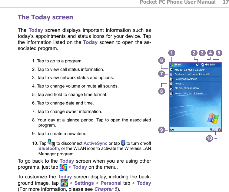         Pocket PC Phone User Manual 16  Pocket PC Phone User Manual         17The Today screenThe  Today  screen  displays  important  information  such  as today’s appointments and status icons for your device. Tap the information listed on the Today screen to open the as-sociated program. 1. Tap to go to a program.2. Tap to view call status information.3. Tap to view network status and options.4. Tap to change volume or mute all sounds.5. Tap and hold to change time format.6. Tap to change date and time.7. Tap to change owner information.8. Your day at a  glance  period. Tap to open the  associated program.9. Tap to create a new item.10. Tap   to disconnect ActiveSync or tap   to turn on/off Bluetooth, or the WLAN icon to activate the Wireless LAN Manager program.To go back to the Today screen when you are using other programs, just tap   &gt; Today on the menu.To customize  the  Today screen display, including the back-ground image, tap   &gt; Settings &gt; Personal tab &gt; Today (For more information, please see Chapter 5).67812345910