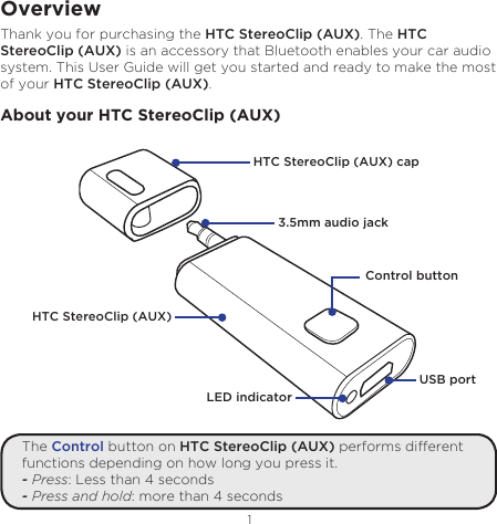 1EnglishOverviewThank you for purchasing the HTC StereoClip (AUX). The HTC StereoClip (AUX) is an accessory that Bluetooth enables your car audio system. This User Guide will get you started and ready to make the most of your HTC StereoClip (AUX). About your HTC StereoClip (AUX)HTC StereoClip (AUX)Control button HTC StereoClip (AUX) capLED indicatorUSB port3.5mm audio jack The Control button on HTC StereoClip (AUX) performs different functions depending on how long you press it.- Press: Less than 4 seconds- Press and hold: more than 4 seconds