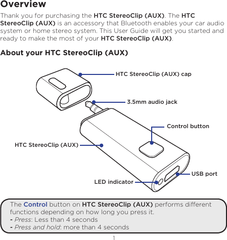 1EnglishOverviewThank you for purchasing the HTC StereoClip (AUX). The HTC StereoClip (AUX) is an accessory that Bluetooth enables your car audio system or home stereo system. This User Guide will get you started and ready to make the most of your HTC StereoClip (AUX). About your HTC StereoClip (AUX)HTC StereoClip (AUX)Control button HTC StereoClip (AUX) capLED indicatorUSB port3.5mm audio jack The Control button on HTC StereoClip (AUX) performs different functions depending on how long you press it.- Press: Less than 4 seconds- Press and hold: more than 4 seconds