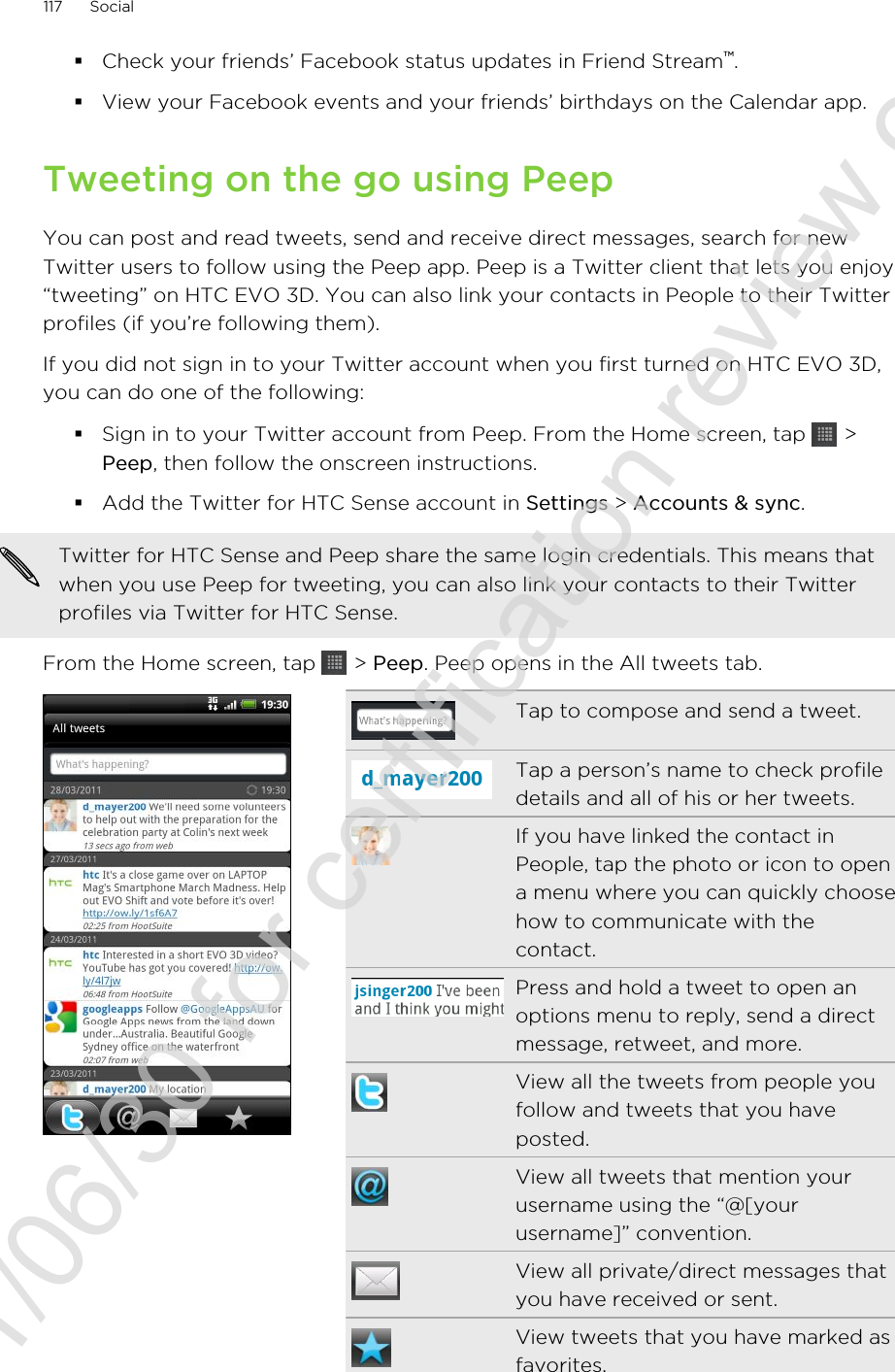 §Check your friends’ Facebook status updates in Friend Stream™.§View your Facebook events and your friends’ birthdays on the Calendar app.Tweeting on the go using PeepYou can post and read tweets, send and receive direct messages, search for newTwitter users to follow using the Peep app. Peep is a Twitter client that lets you enjoy“tweeting” on HTC EVO 3D. You can also link your contacts in People to their Twitterprofiles (if you’re following them).If you did not sign in to your Twitter account when you first turned on HTC EVO 3D,you can do one of the following:§Sign in to your Twitter account from Peep. From the Home screen, tap   &gt;Peep, then follow the onscreen instructions.§Add the Twitter for HTC Sense account in Settings &gt; Accounts &amp; sync.Twitter for HTC Sense and Peep share the same login credentials. This means thatwhen you use Peep for tweeting, you can also link your contacts to their Twitterprofiles via Twitter for HTC Sense.From the Home screen, tap   &gt; Peep. Peep opens in the All tweets tab.Tap to compose and send a tweet.Tap a person’s name to check profiledetails and all of his or her tweets.If you have linked the contact inPeople, tap the photo or icon to opena menu where you can quickly choosehow to communicate with thecontact.Press and hold a tweet to open anoptions menu to reply, send a directmessage, retweet, and more.View all the tweets from people youfollow and tweets that you haveposted.View all tweets that mention yourusername using the “@[yourusername]” convention.View all private/direct messages thatyou have received or sent.View tweets that you have marked asfavorites.117 Social2011/06/30 for certification review only