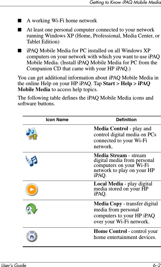 Getting to Know iPAQ Mobile Media User’s Guide 6–2■A working Wi-Fi home network■At least one personal computer connected to your network running Windows XP (Home, Professional, Media Center, or Tablet Edition)■iPAQ Mobile Media for PC installed on all Windows XP computers on your network with which you want to use iPAQ Mobile Media. (Install iPAQ Mobile Media for PC from the Companion CD that came with your HP iPAQ.)You can get additional information about iPAQ Mobile Media in the online Help on your HP iPAQ. Tap Start &gt;Help &gt; iPAQ Mobile Media to access help topics.The following table defines the iPAQ Mobile Media icons and software buttons.Icon Name DefinitionMedia Control - play and control digital media on PCs connected to your Wi-Fi network.Media Stream - stream digital media from personal computers on your Wi-Fi network to play on your HP iPAQ.Local Media - play digital media stored on your HP iPAQ.Media Copy - transfer digital media from personal computers to your HP iPAQ over your Wi-Fi network.Home Control - control your home entertainment devices.