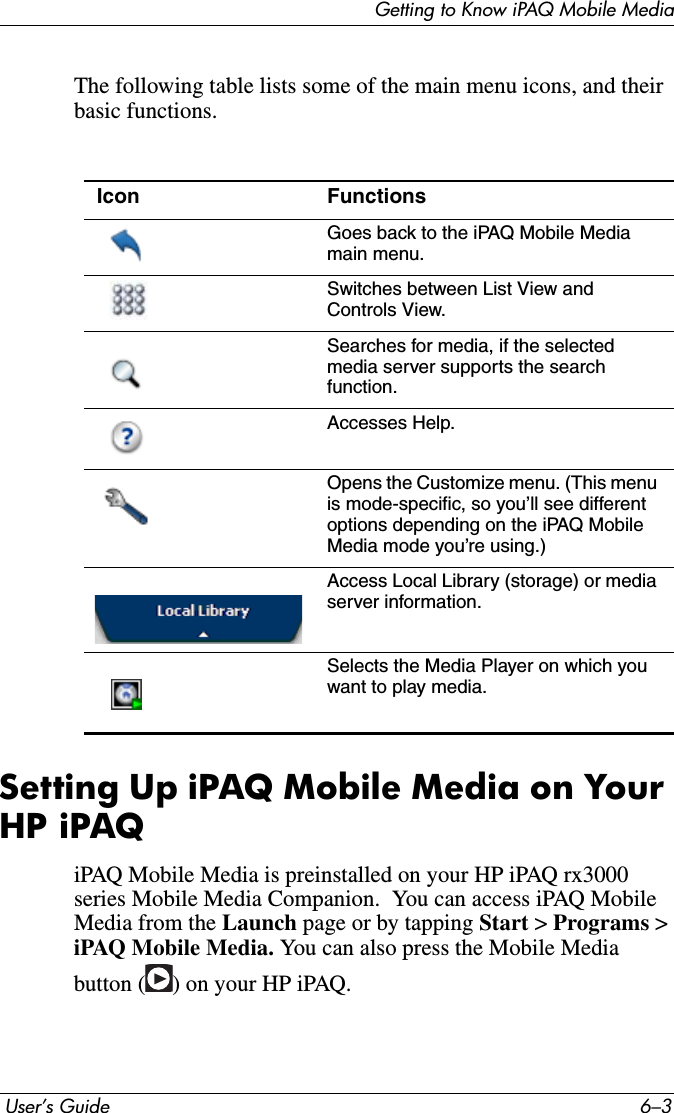 Getting to Know iPAQ Mobile Media User’s Guide 6–3The following table lists some of the main menu icons, and their basic functions.Setting Up iPAQ Mobile Media on Your HP iPAQiPAQ Mobile Media is preinstalled on your HP iPAQ rx3000 series Mobile Media Companion.  You can access iPAQ Mobile Media from the Launch page or by tapping Start &gt; Programs &gt; iPAQ Mobile Media. You can also press the Mobile Media button ( ) on your HP iPAQ.Icon FunctionsGoes back to the iPAQ Mobile Media main menu.Switches between List View and Controls View.Searches for media, if the selected media server supports the search function.Accesses Help.Opens the Customize menu. (This menu is mode-specific, so you’ll see different options depending on the iPAQ Mobile Media mode you’re using.) Access Local Library (storage) or media server information.Selects the Media Player on which you want to play media.