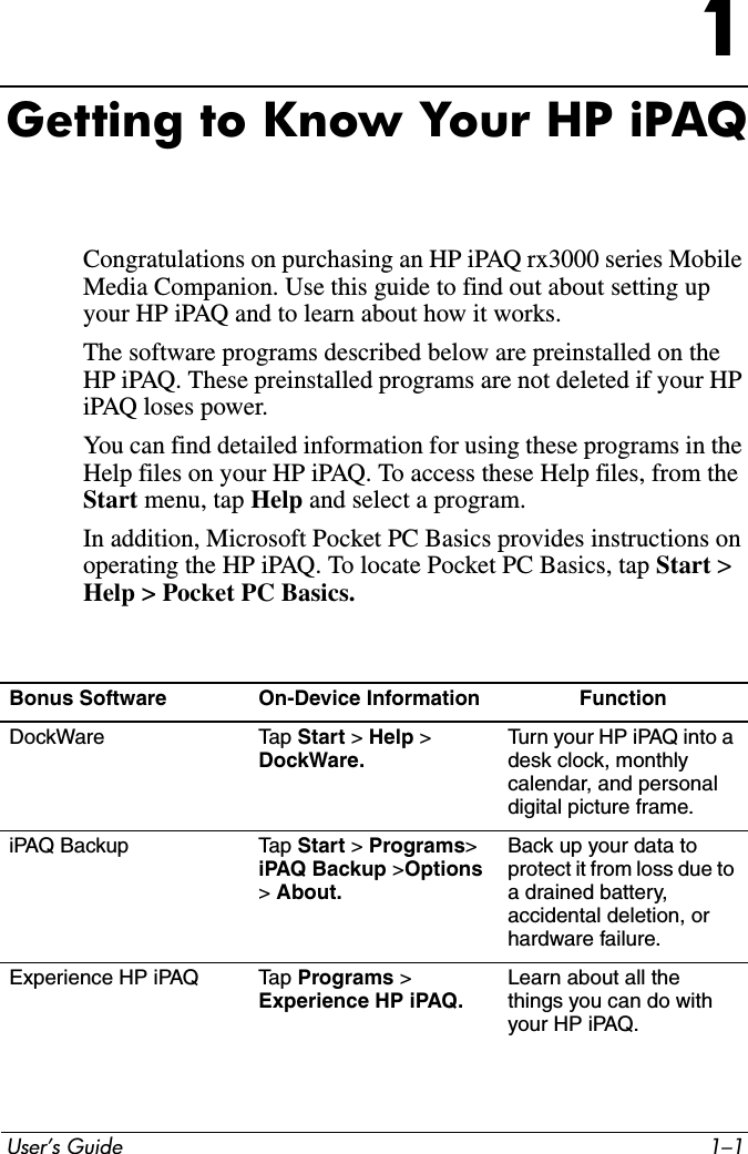  User’s Guide 1–11Getting to Know Your HP iPAQCongratulations on purchasing an HP iPAQ rx3000 series Mobile Media Companion. Use this guide to find out about setting up your HP iPAQ and to learn about how it works.The software programs described below are preinstalled on the HP iPAQ. These preinstalled programs are not deleted if your HP iPAQ loses power.You can find detailed information for using these programs in the Help files on your HP iPAQ. To access these Help files, from the Start menu, tap Help and select a program.In addition, Microsoft Pocket PC Basics provides instructions on operating the HP iPAQ. To locate Pocket PC Basics, tap Start &gt; Help &gt; Pocket PC Basics.Bonus Software On-Device Information FunctionDockWare Tap Start &gt; Help &gt; DockWare.Turn your HP iPAQ into a desk clock, monthly calendar, and personal digital picture frame.iPAQ Backup Tap Start &gt; Programs&gt;iPAQ Backup &gt;Options&gt;About.Back up your data to protect it from loss due to a drained battery, accidental deletion, or hardware failure.Experience HP iPAQ Tap Programs &gt; Experience HP iPAQ.Learn about all the things you can do with your HP iPAQ.