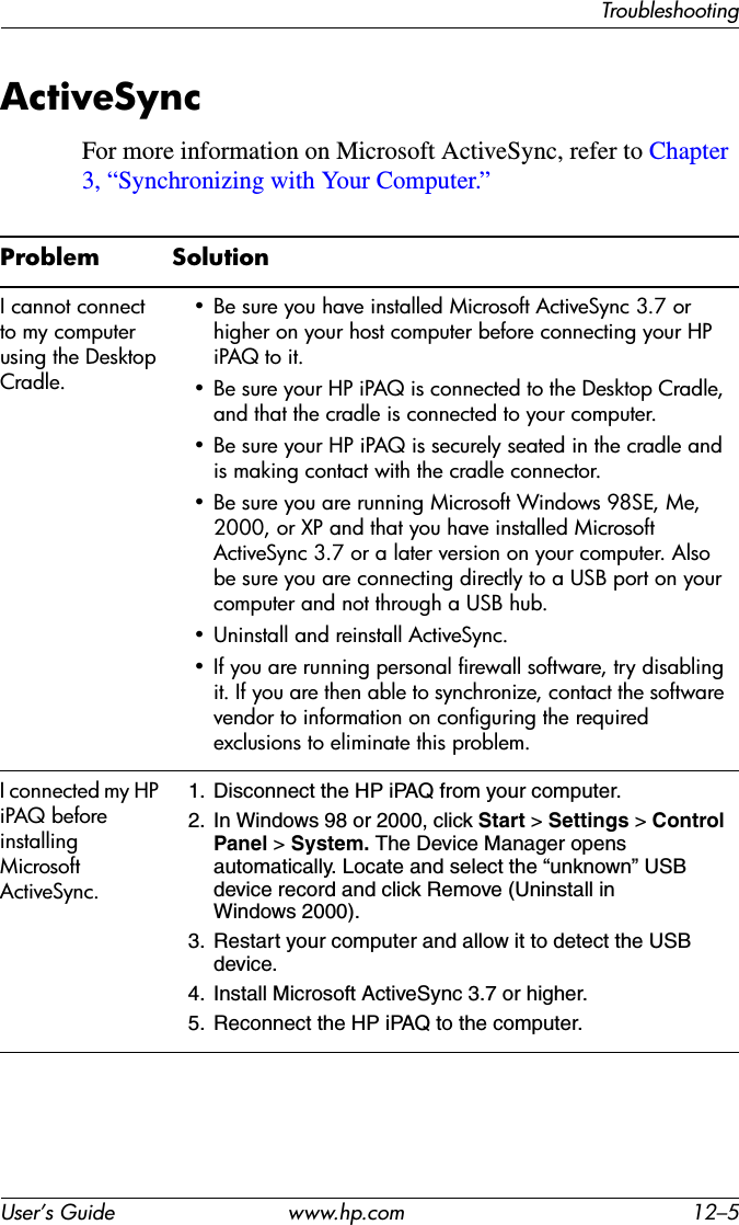 TroubleshootingUser’s Guide www.hp.com 12–5ActiveSyncFor more information on Microsoft ActiveSync, refer to Chapter3, “Synchronizing with Your Computer.”Problem Solution I cannot connect to my computer using the Desktop Cradle.• Be sure you have installed Microsoft ActiveSync 3.7 or higher on your host computer before connecting your HP iPAQ to it.• Be sure your HP iPAQ is connected to the Desktop Cradle, and that the cradle is connected to your computer.• Be sure your HP iPAQ is securely seated in the cradle and is making contact with the cradle connector.• Be sure you are running Microsoft Windows 98SE, Me, 2000, or XP and that you have installed Microsoft ActiveSync 3.7 or a later version on your computer. Also be sure you are connecting directly to a USB port on your computer and not through a USB hub.• Uninstall and reinstall ActiveSync.• If you are running personal firewall software, try disabling it. If you are then able to synchronize, contact the software vendor to information on configuring the required exclusions to eliminate this problem.I connected my HP iPAQ before installing Microsoft ActiveSync.1. Disconnect the HP iPAQ from your computer.2. In Windows 98 or 2000, click Start &gt; Settings &gt; Control Panel &gt; System. The Device Manager opens automatically. Locate and select the “unknown” USB device record and click Remove (Uninstall in Windows 2000).3. Restart your computer and allow it to detect the USB device.4. Install Microsoft ActiveSync 3.7 or higher.5. Reconnect the HP iPAQ to the computer.