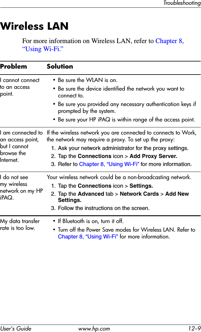 TroubleshootingUser’s Guide www.hp.com 12–9Wireless LANFor more information on Wireless LAN, refer to Chapter 8, “Using Wi-Fi.”Problem Solution  I cannot connect to an access point.• Be sure the WLAN is on.• Be sure the device identified the network you want to connect to.• Be sure you provided any necessary authentication keys if prompted by the system.• Be sure your HP iPAQ is within range of the access point.I am connected to an access point, but I cannot browse the Internet.If the wireless network you are connected to connects to Work, the network may require a proxy. To set up the proxy:1. Ask your network administrator for the proxy settings.2. Tap the Connections icon &gt; Add Proxy Server.3. Refer to Chapter 8, “Using Wi-Fi” for more information.I do not see my wireless network on my HP iPAQ.Your wireless network could be a non-broadcasting network.1. Tap the Connections icon &gt; Settings.2. Tap the Advanced tab &gt; Network Cards &gt; Add New Settings.3. Follow the instructions on the screen.My data transfer rate is too low.• If Bluetooth is on, turn it off.• Turn off the Power Save modes for Wireless LAN. Refer to Chapter 8, “Using Wi-Fi” for more information.