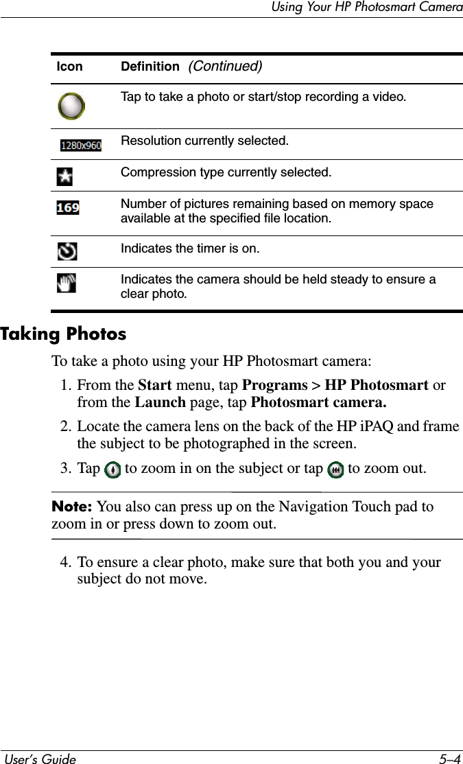  User’s Guide 5–4Using Your HP Photosmart CameraTaking PhotosTo take a photo using your HP Photosmart camera:1. From the Start menu, tap Programs &gt; HP Photosmart orfrom the Launch page, tap Photosmart camera.2. Locate the camera lens on the back of the HP iPAQ and frame the subject to be photographed in the screen.3. Tap   to zoom in on the subject or tap   to zoom out.Note: You also can press up on the Navigation Touch pad to zoom in or press down to zoom out. 4. To ensure a clear photo, make sure that both you and your subject do not move.Tap to take a photo or start/stop recording a video.Resolution currently selected.Compression type currently selected.Number of pictures remaining based on memory space available at the specified file location.Indicates the timer is on.Indicates the camera should be held steady to ensure a clear photo.Icon Definition  (Continued)