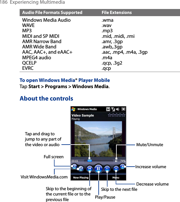 186  Experiencing MultimediaAudio File Formats Supported File ExtensionsWindows Media AudioWAVEMP3MIDI and SP MIDIAMR Narrow BandAMR Wide BandAAC, AAC+, and eAAC+MPEG4 audioQCELPEVRC.wma.wav.mp3.mid, .midi, .rmi.amr, .3gp.awb,.3gp.aac, .mp4, .m4a, .3gp.m4a.qcp, .3g2.qcpTo open Windows Media® Player MobileTap Start &gt; Programs &gt; Windows Media.About the controlsPlay/PauseFull screenVisit WindowsMedia.comTap and drag to jump to any part of the video or audioSkip to the beginning of the current file or to the previous fileSkip to the next fileMute/UnmuteIncrease volumeDecrease volume