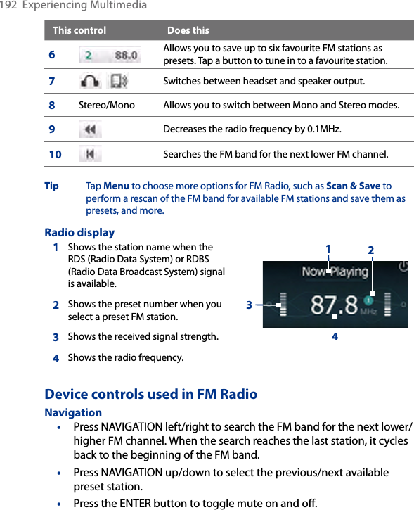 192  Experiencing MultimediaThis control Does this6Allows you to save up to six favourite FM stations as presets. Tap a button to tune in to a favourite station.7   Switches between headset and speaker output.8Stereo/Mono  Allows you to switch between Mono and Stereo modes. 9Decreases the radio frequency by 0.1MHz.10 Searches the FM band for the next lower FM channel.Tip  Tap Menu to choose more options for FM Radio, such as Scan &amp; Save to perform a rescan of the FM band for available FM stations and save them as presets, and more.Radio display1Shows the station name when the RDS (Radio Data System) or RDBS (Radio Data Broadcast System) signal is available.13242Shows the preset number when you select a preset FM station.3Shows the received signal strength.4Shows the radio frequency.Device controls used in FM RadioNavigation•  Press NAVIGATION left/right to search the FM band for the next lower/higher FM channel. When the search reaches the last station, it cycles back to the beginning of the FM band.• Press NAVIGATION up/down to select the previous/next available preset station.• Press the ENTER button to toggle mute on and off.