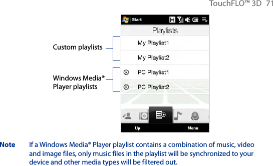 TouchFLO™ 3D  71Custom playlistsWindows Media® Player playlistsNote  If a Windows Media® Player playlist contains a combination of music, video and image files, only music files in the playlist will be synchronized to your device and other media types will be filtered out.