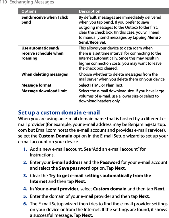 110  Exchanging MessagesOptions DescriptionSend/receive when I click SendBy default, messages are immediately delivered when you tap Send. If you prefer to save outgoing messages to the Outbox folder first, clear the check box. (In this case, you will need to manually send messages by tapping Menu &gt; Send/Receive).Use automatic send/receive schedule when roamingThis allows your device to data roam when there is a set time interval for connecting to the Internet automatically. Since this may result in higher connection costs, you may want to leave the check box cleared.When deleting messages Choose whether to delete messages from the mail server when you delete them on your device.Message format Select HTML or Plain Text.Message download limit Select the e-mail download size. If you have large volumes of e-mail, use a lower size or select to download headers only.Set up a custom domain e-mailWhen you are using an e-mail domain name that is hosted by a different e-mail provider (for example, your e-mail address may be Benjamin@startup.com but Email.com hosts the e-mail account and provides e-mail services), select the Custom Domain option in the E-mail Setup wizard to set up your  e-mail account on your device.1.  Add a new e-mail account. See “Add an e-mail account” for instructions.2.  Enter your E-mail address and the Password for your e-mail account and select the Save password option. Tap Next.3.  Clear the Try to get e-mail settings automatically from the Internet and then tap Next.4.  In Your e-mail provider, select Custom domain and then tap Next.5.  Enter the domain of your e-mail provider and then tap Next.6.  The E-mail Setup wizard then tries to find the e-mail provider settings on your device or from the Internet. If the settings are found, it shows a successful message. Tap Next.