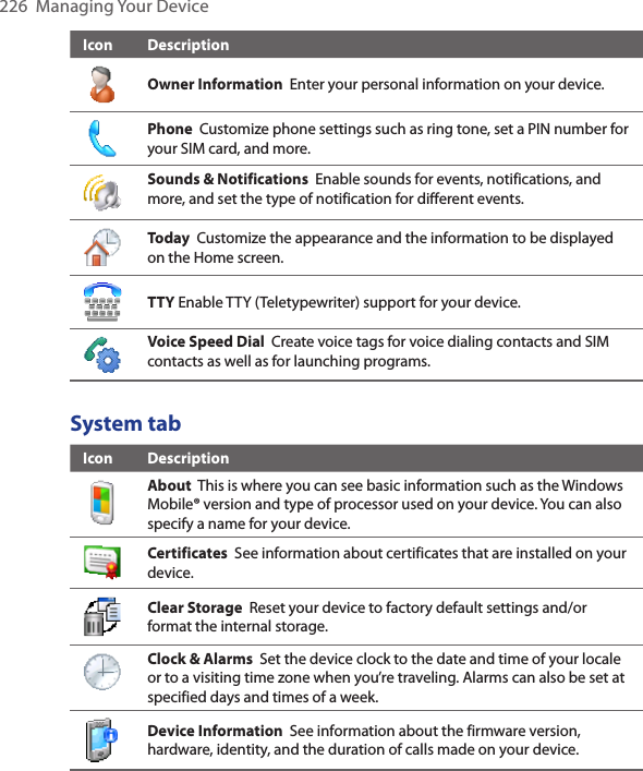 226  Managing Your DeviceIcon DescriptionOwner Information  Enter your personal information on your device.Phone  Customize phone settings such as ring tone, set a PIN number for your SIM card, and more.Sounds &amp; Notifications  Enable sounds for events, notifications, and more, and set the type of notification for different events.Today  Customize the appearance and the information to be displayed on the Home screen.TTY Enable TTY (Teletypewriter) support for your device.Voice Speed Dial  Create voice tags for voice dialing contacts and SIM contacts as well as for launching programs.System tabIcon DescriptionAbout  This is where you can see basic information such as the Windows Mobile® version and type of processor used on your device. You can also specify a name for your device. Certificates  See information about certificates that are installed on your device.Clear Storage  Reset your device to factory default settings and/or format the internal storage. Clock &amp; Alarms  Set the device clock to the date and time of your locale or to a visiting time zone when you’re traveling. Alarms can also be set at specified days and times of a week.Device Information  See information about the firmware version, hardware, identity, and the duration of calls made on your device.