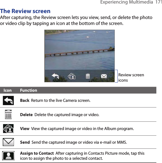 Experiencing Multimedia  171The Review screenAfter capturing, the Review screen lets you view, send, or delete the photo or video clip by tapping an icon at the bottom of the screen.   Review screen iconsIcon FunctionBack  Return to the live Camera screen.Delete  Delete the captured image or video.View  View the captured image or video in the Album program.  Send  Send the captured image or video via e-mail or MMS.Assign to Contact  After capturing in Contacts Picture mode, tap this icon to assign the photo to a selected contact.