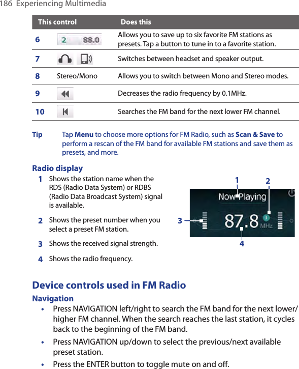 186  Experiencing MultimediaThis control Does this6Allows you to save up to six favorite FM stations as presets. Tap a button to tune in to a favorite station.7   Switches between headset and speaker output.8Stereo/Mono  Allows you to switch between Mono and Stereo modes. 9Decreases the radio frequency by 0.1MHz.10 Searches the FM band for the next lower FM channel.Tip  Tap Menu to choose more options for FM Radio, such as Scan &amp; Save to perform a rescan of the FM band for available FM stations and save them as presets, and more.Radio display1Shows the station name when the RDS (Radio Data System) or RDBS (Radio Data Broadcast System) signal is available.13242Shows the preset number when you select a preset FM station.3Shows the received signal strength.4Shows the radio frequency.Device controls used in FM RadioNavigation•  Press NAVIGATION left/right to search the FM band for the next lower/higher FM channel. When the search reaches the last station, it cycles back to the beginning of the FM band.•  Press NAVIGATION up/down to select the previous/next available preset station.•  Press the ENTER button to toggle mute on and off.