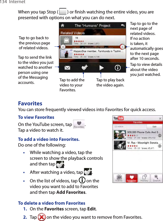 134  InternetWhen you tap Stop (   ) or finish watching the entire video, you are presented with options on what you can do next. Tap to send the link to the video you just watched to another person using one of the Messaging accounts. Tap to add the video to your Favorites.Tap to play back the video again.Tap to view details about the video you just watched.Tap to go to the next page of related videos. If no action is taken, it automatically goes to the next page after 10 seconds.Tap to go back to the previous page of related videos.FavoritesYou can store frequently viewed videos into Favorites for quick access. To view FavoritesOn the YouTube screen, tap  .  Tap a video to watch it. To add a video into Favorites.Do one of the following:•  While watching a video, tap the screen to show the playback controls and then tap  . •  After watching a video, tap  . •  On the list of videos, tap   on the video you want to add to Favorites and then tap Add Favorites. To delete a video from Favorites1.  On the Favorites screen, tap Edit. 2.  Tap   on the video you want to remove from Favorites. 