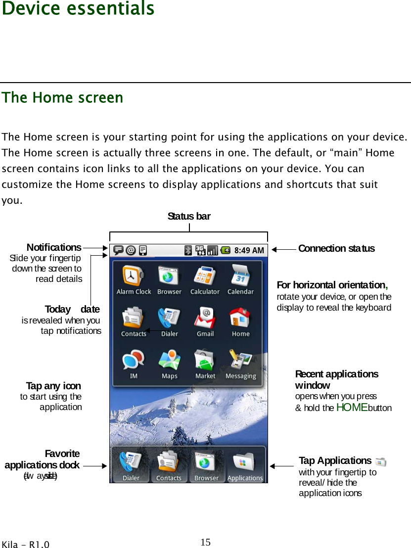  Kila - R1.0   15Device essentials The Home screen The Home screen is your starting point for using the applications on your device. The Home screen is actually three screens in one. The default, or “main” Home screen contains icon links to all the applications on your device. You can customize the Home screens to display applications and shortcuts that suit you.Toda y  da　teis revealed when youtap notificationsTap any iconto start using theapplicationNotificationsSlide your f ingertipdown the screen toread detailsSta tus ba rConnection statusTap Applicationswith your fingertip toreveal/ hide theapplication iconsFavoriteapplications dock(alw a ys visible)For horizontal orientation,rotate your device, or open thedisplay to reveal the keyboardRecent applicationswindowopens when you press&amp; hold the HOME button 