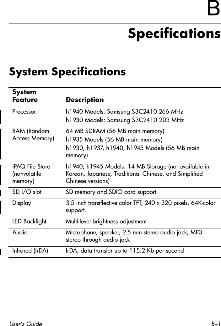 User’s Guide B–1BSpecificationsSystem SpecificationsSystem Feature DescriptionProcessor h1940 Models: Samsung S3C2410 266 MHzh1930 Models: Samsung S3C2410 203 MHzRAM (Random Access Memory)64 MB SDRAM (56 MB main memory)h1935 Models (56 MB main memory)h1930, h1937, h1940, h1945 Models (56 MB main memory)iPAQ File Store (nonvolatile memory)h1940, h1945 Models: 14 MB Storage (not available in Korean, Japanese, Traditional Chinese, and Simplified Chinese versions)SD I/O slot SD memory and SDIO card supportDisplay 3.5 inch transflective color TFT, 240 x 320 pixels, 64K-color support.LED Backlight Multi-level brightness adjustmentAudio Microphone, speaker, 2.5 mm stereo audio jack, MP3 stereo through audio jackInfrared (IrDA) IrDA, data transfer up to 115.2 Kb per second