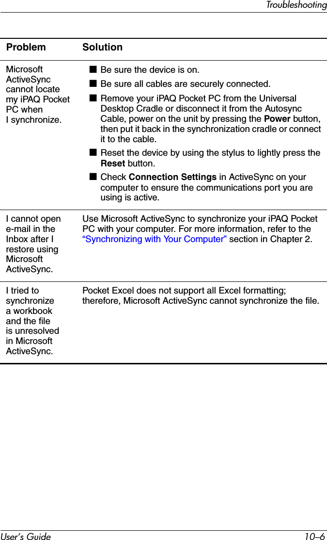 User’s Guide 10–6TroubleshootingMicrosoft ActiveSync cannot locate my iPAQ Pocket PC when I synchronize.■Be sure the device is on.■Be sure all cables are securely connected.■Remove your iPAQ Pocket PC from the Universal Desktop Cradle or disconnect it from the Autosync Cable, power on the unit by pressing the Power button, then put it back in the synchronization cradle or connect it to the cable.■Reset the device by using the stylus to lightly press the Reset button.■Check Connection Settings in ActiveSync on your computer to ensure the communications port you are using is active.I cannot open e-mail in the Inbox after I restore using Microsoft ActiveSync.Use Microsoft ActiveSync to synchronize your iPAQ Pocket PC with your computer. For more information, refer to the “Synchronizing with Your Computer” section in Chapter 2.I tried to synchronize a workbook and the file is unresolved in Microsoft ActiveSync.Pocket Excel does not support all Excel formatting; therefore, Microsoft ActiveSync cannot synchronize the file.Problem Solution