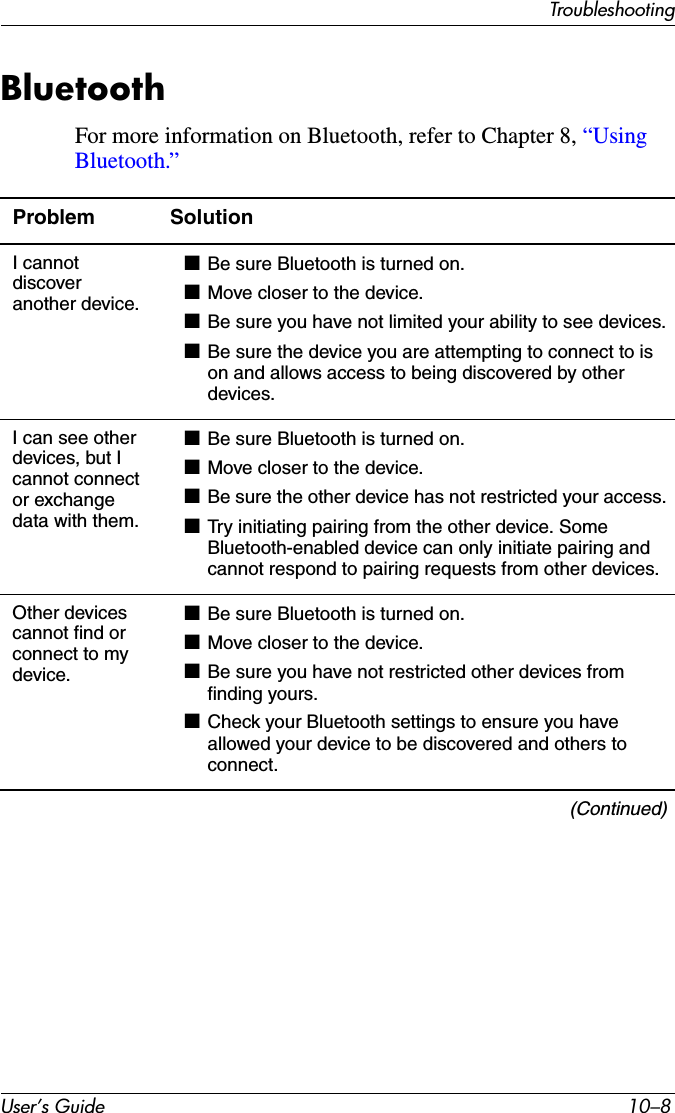 User’s Guide 10–8TroubleshootingBluetoothFor more information on Bluetooth, refer to Chapter 8, “Using Bluetooth.”Problem SolutionI cannot discover another device.■Be sure Bluetooth is turned on.■Move closer to the device.■Be sure you have not limited your ability to see devices.■Be sure the device you are attempting to connect to is on and allows access to being discovered by other devices.I can see other devices, but I cannot connect or exchange data with them.■Be sure Bluetooth is turned on.■Move closer to the device.■Be sure the other device has not restricted your access.■Try initiating pairing from the other device. Some Bluetooth-enabled device can only initiate pairing and cannot respond to pairing requests from other devices.Other devices cannot find or connect to my device.■Be sure Bluetooth is turned on.■Move closer to the device.■Be sure you have not restricted other devices from finding yours.■Check your Bluetooth settings to ensure you have allowed your device to be discovered and others to connect.(Continued)