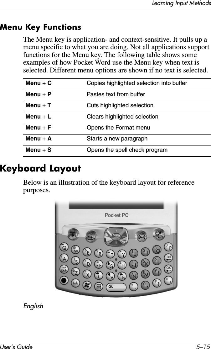 Learning Input MethodsUser’s Guide 5–15Menu Key FunctionsThe Menu key is application- and context-sensitive. It pulls up a menu specific to what you are doing. Not all applications support functions for the Menu key. The following table shows some examples of how Pocket Word use the Menu key when text is selected. Different menu options are shown if no text is selected.Keyboard LayoutBelow is an illustration of the keyboard layout for reference purposes.EnglishMenu + C Copies highlighted selection into bufferMenu + P Pastes text from bufferMenu + T Cuts highlighted selectionMenu + L Clears highlighted selectionMenu + F Opens the Format menuMenu + A Starts a new paragraphMenu + S Opens the spell check program