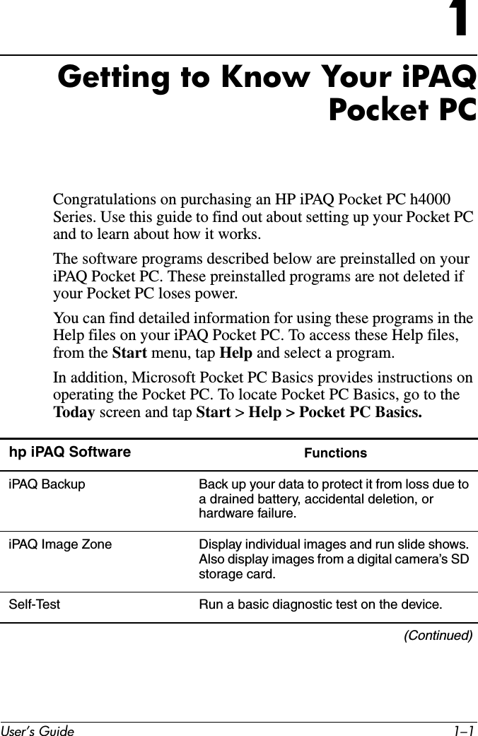 User’s Guide 1–11Getting to Know Your iPAQPocket PCCongratulations on purchasing an HP iPAQ Pocket PC h4000 Series. Use this guide to find out about setting up your Pocket PC and to learn about how it works.The software programs described below are preinstalled on your iPAQ Pocket PC. These preinstalled programs are not deleted if your Pocket PC loses power.You can find detailed information for using these programs in the Help files on your iPAQ Pocket PC. To access these Help files, from the Start menu, tap Help and select a program.In addition, Microsoft Pocket PC Basics provides instructions on operating the Pocket PC. To locate Pocket PC Basics, go to the Today  screen and tap Start &gt; Help &gt; Pocket PC Basics.hp iPAQ Software FunctionsiPAQ Backup Back up your data to protect it from loss due to a drained battery, accidental deletion, or hardware failure.iPAQ Image Zone Display individual images and run slide shows. Also display images from a digital camera’s SD storage card.Self-Test Run a basic diagnostic test on the device.(Continued)