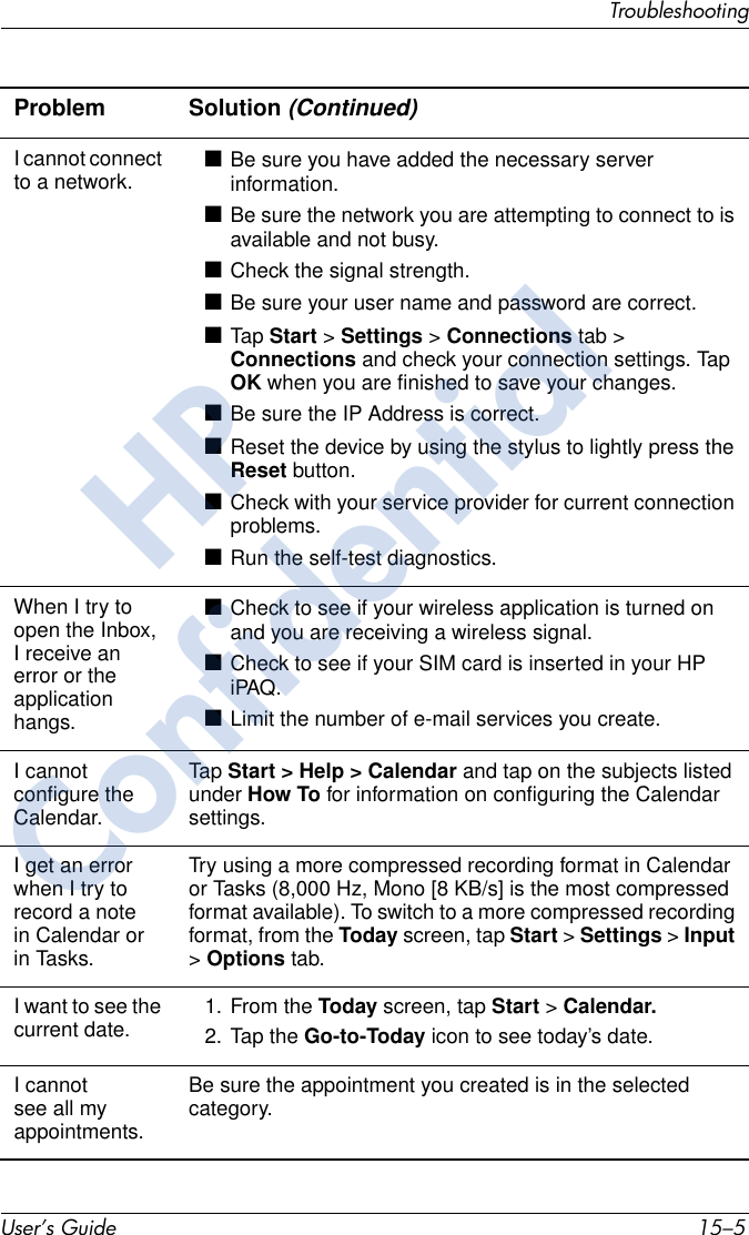 TroubleshootingUser’s Guide 15–5I cannot connect to a network. ■Be sure you have added the necessary server information.■Be sure the network you are attempting to connect to is available and not busy.■Check the signal strength.■Be sure your user name and password are correct.■Tap  Start &gt; Settings &gt; Connections tab &gt; Connections and check your connection settings. Tap OK when you are finished to save your changes.■Be sure the IP Address is correct.■Reset the device by using the stylus to lightly press the Reset button.■Check with your service provider for current connection problems.■Run the self-test diagnostics.When I try to open the Inbox, I receive an error or the application hangs.■Check to see if your wireless application is turned on and you are receiving a wireless signal.■Check to see if your SIM card is inserted in your HP iPAQ. ■Limit the number of e-mail services you create.I cannot configure the Calendar.Tap  Start &gt; Help &gt; Calendar and tap on the subjects listed under How To for information on configuring the Calendar settings.I get an error when I try to record a note in Calendar or in Tasks.Try using a more compressed recording format in Calendar or Tasks (8,000 Hz, Mono [8 KB/s] is the most compressed format available). To switch to a more compressed recording format, from the Today screen, tap Start &gt; Settings &gt; Input &gt; Options tab.I want to see the current date. 1. From the Today screen, tap Start &gt; Calendar.2. Tap the Go-to-Today icon to see today’s date.I cannot see all my appointments.Be sure the appointment you created is in the selected category.Problem Solution (Continued)HPConfidential