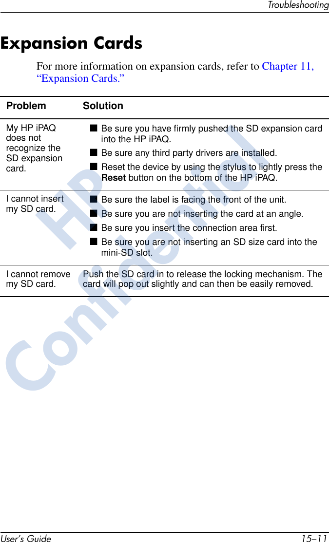 TroubleshootingUser’s Guide 15–11Expansion CardsFor more information on expansion cards, refer to Chapter 11, “Expansion Cards.”Problem SolutionMy HP iPAQ does not recognize the SD expansion card.■Be sure you have firmly pushed the SD expansion card into the HP iPAQ. ■Be sure any third party drivers are installed.■Reset the device by using the stylus to lightly press the Reset button on the bottom of the HP iPAQ.I cannot insert my SD card. ■Be sure the label is facing the front of the unit.■Be sure you are not inserting the card at an angle.■Be sure you insert the connection area first.■Be sure you are not inserting an SD size card into the mini-SD slot. I cannot remove my SD card. Push the SD card in to release the locking mechanism. The card will pop out slightly and can then be easily removed.HPConfidential