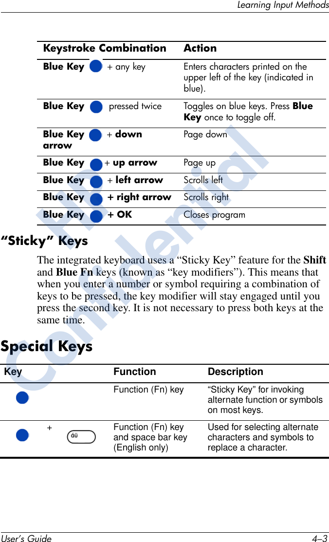 Learning Input MethodsUser’s Guide 4–3“Sticky” Keys The integrated keyboard uses a “Sticky Key” feature for the Shift and Blue Fn keys (known as “key modifiers”). This means that when you enter a number or symbol requiring a combination of keys to be pressed, the key modifier will stay engaged until you press the second key. It is not necessary to press both keys at the same time.Special KeysKeystroke Combination ActionBlue Key   + any key Enters characters printed on the upper left of the key (indicated in blue). Blue Key   pressed twice Toggles on blue keys. Press Blue Key once to toggle off.Blue Key  + down arrowPage downBlue Key + up arrow Page upBlue Key  + left arrow Scrolls leftBlue Key   + right arrow Scrolls rightBlue Key   + OK Closes programKey Function DescriptionFunction (Fn) key “Sticky Key” for invoking alternate function or symbols on most keys.+ Function (Fn) key and space bar key (English only)Used for selecting alternate characters and symbols to replace a character.HPConfidential