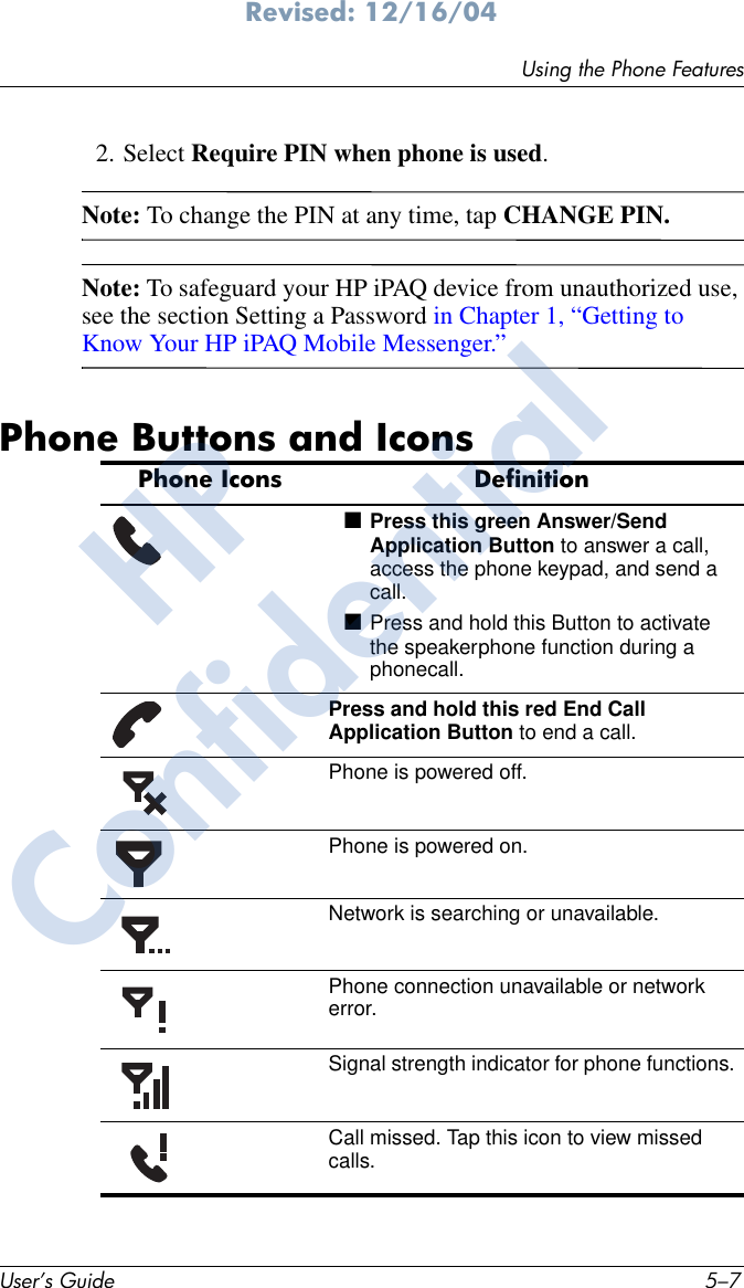 Using the Phone FeaturesUser’s Guide 5–7Revised: 12/16/042. Select Require PIN when phone is used.Note: To change the PIN at any time, tap CHANGE PIN.Note: To safeguard your HP iPAQ device from unauthorized use, see the section Setting a Password in Chapter 1, “Getting to Know Your HP iPAQ Mobile Messenger.”Phone Buttons and Icons Phone Icons Definition■Press this green Answer/Send Application Button to answer a call, access the phone keypad, and send a call.■Press and hold this Button to activate the speakerphone function during a phonecall.Press and hold this red End Call Application Button to end a call.Phone is powered off.Phone is powered on.Network is searching or unavailable.Phone connection unavailable or network error.Signal strength indicator for phone functions.Call missed. Tap this icon to view missed calls.HPConfidential