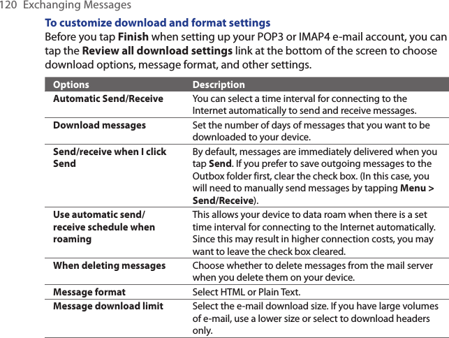 120  Exchanging MessagesTo customize download and format settingsBefore you tap Finish when setting up your POP3 or IMAP4 e-mail account, you can tap the Review all download settings link at the bottom of the screen to choose download options, message format, and other settings.Options DescriptionAutomatic Send/Receive You can select a time interval for connecting to the Internet automatically to send and receive messages.Download messages Set the number of days of messages that you want to be downloaded to your device.Send/receive when I click SendBy default, messages are immediately delivered when you tap Send. If you prefer to save outgoing messages to the Outbox folder first, clear the check box. (In this case, you will need to manually send messages by tapping Menu &gt; Send/Receive).Use automatic send/receive schedule when roamingThis allows your device to data roam when there is a set time interval for connecting to the Internet automatically. Since this may result in higher connection costs, you may want to leave the check box cleared.When deleting messages Choose whether to delete messages from the mail server when you delete them on your device.Message format Select HTML or Plain Text.Message download limit Select the e-mail download size. If you have large volumes of e-mail, use a lower size or select to download headers only.