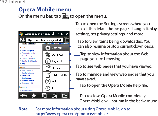 152  InternetOpera Mobile menuOn the menu bar, tap   to open the menu.Tap to open the Settings screen where you can set the default home page, change display settings, set privacy settings, and more. Tap to view items being downloaded. You can also resume or stop current downloads.  Tap to view information about the Web page you are browsing.  Tap to see web pages that you have viewed.  Tap to manage and view web pages that you have saved.  Tap to open the Opera Mobile help file.  Tap to close Opera Mobile completely.  Opera Mobile will not run in the background. Note   For more information about using Opera Mobile, go to:  http://www.opera.com/products/mobile/