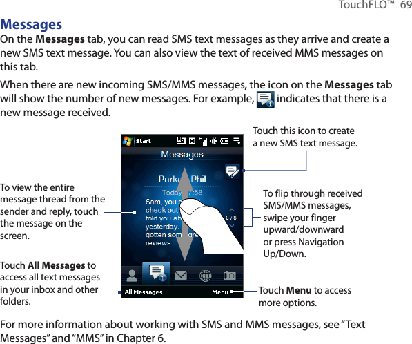 TouchFLO™  69MessagesOn the Messages tab, you can read SMS text messages as they arrive and create a new SMS text message. You can also view the text of received MMS messages on this tab.When there are new incoming SMS/MMS messages, the icon on the Messages tab will show the number of new messages. For example,   indicates that there is a new message received.To view the entire message thread from the sender and reply, touch the message on the screen. Touch All Messages to access all text messages in your inbox and other folders.Touch this icon to create a new SMS text message.To flip through received SMS/MMS messages, swipe your finger upward/downward or press Navigation Up/Down.Touch Menu to access more options.For more information about working with SMS and MMS messages, see “Text Messages” and “MMS” in Chapter 6.